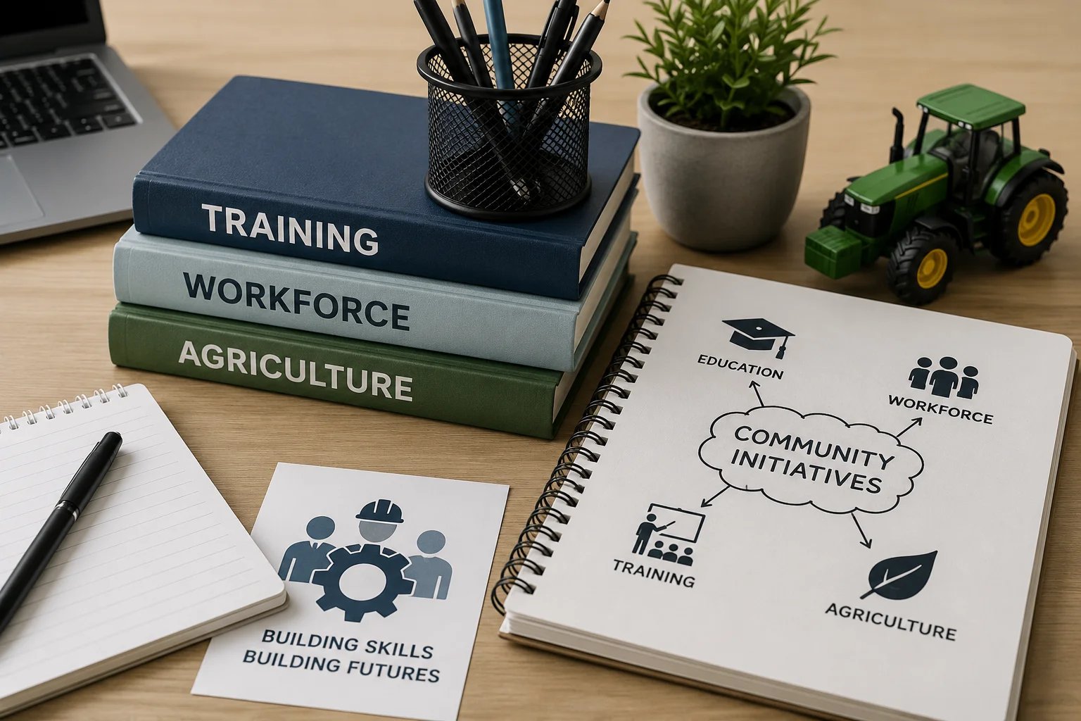 Workspace with agricultural training materials and tools