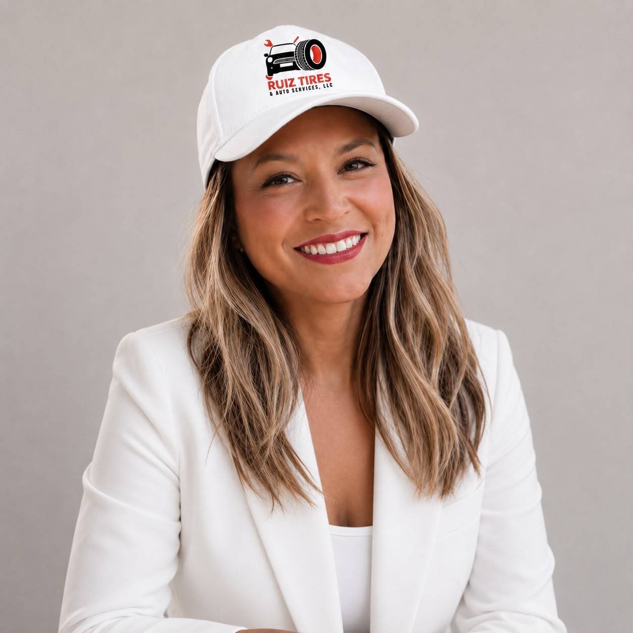 Smiling woman wearing a Ruiz Tires cap, promoting tire services.