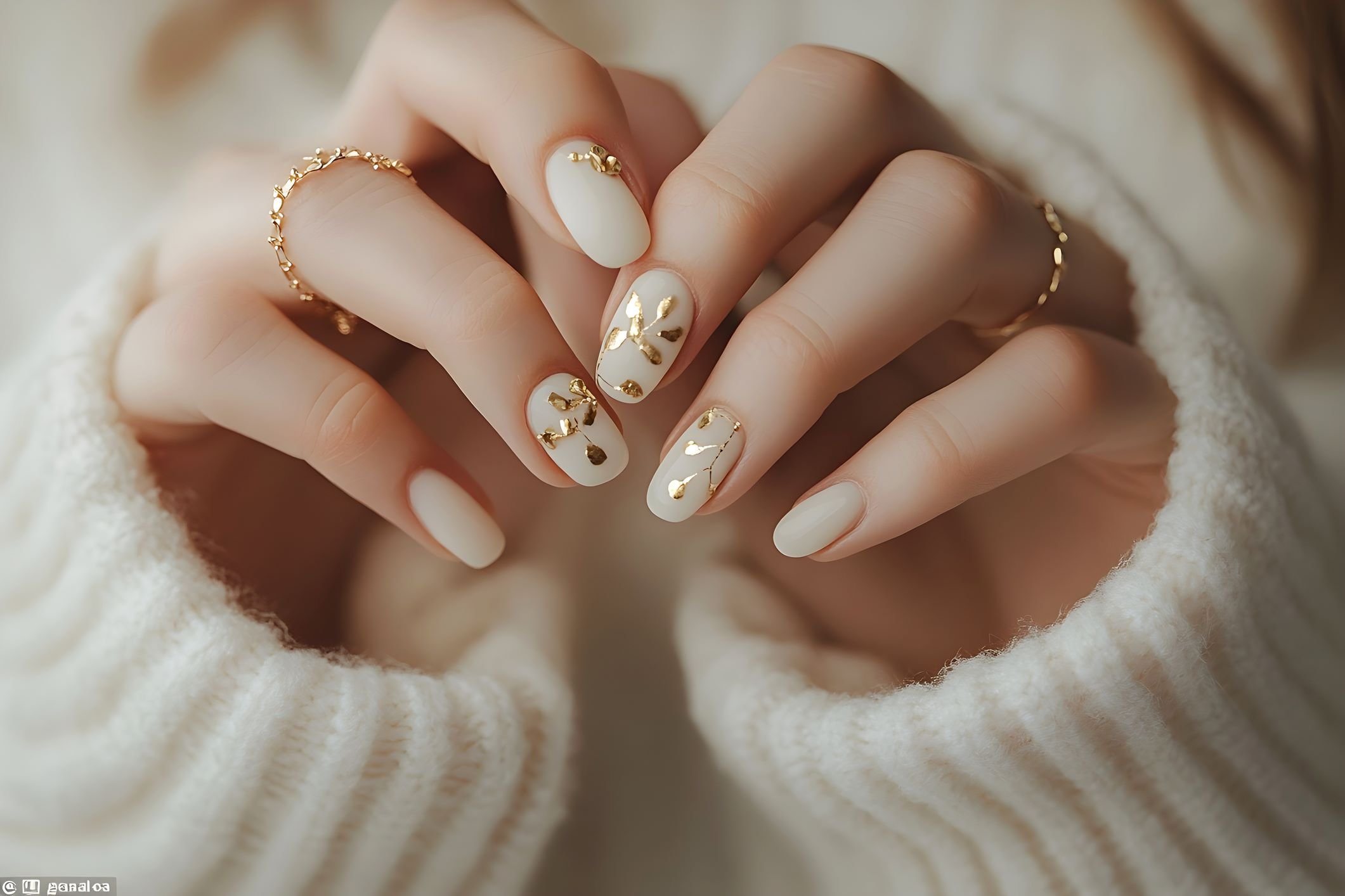 Elegant hands with gold-accented nails in a cozy setting.