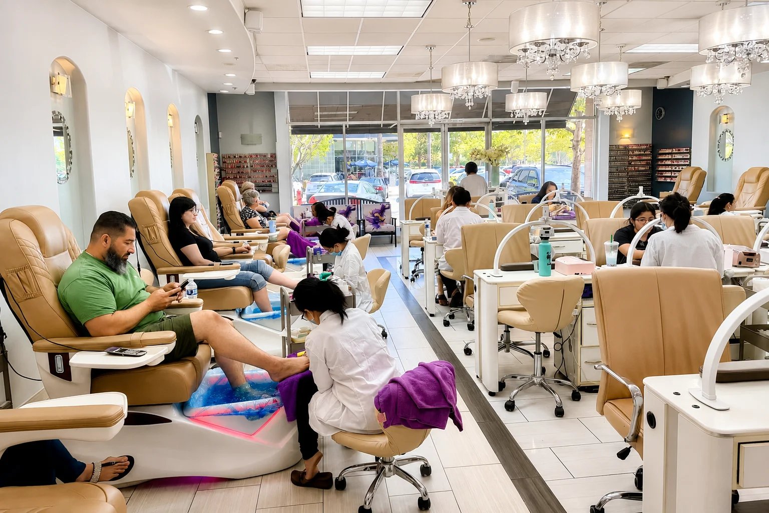 Interior of a nail salon with clients receiving manicures and pedicures.