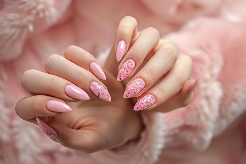 Elegant manicure with pink and glitter nails