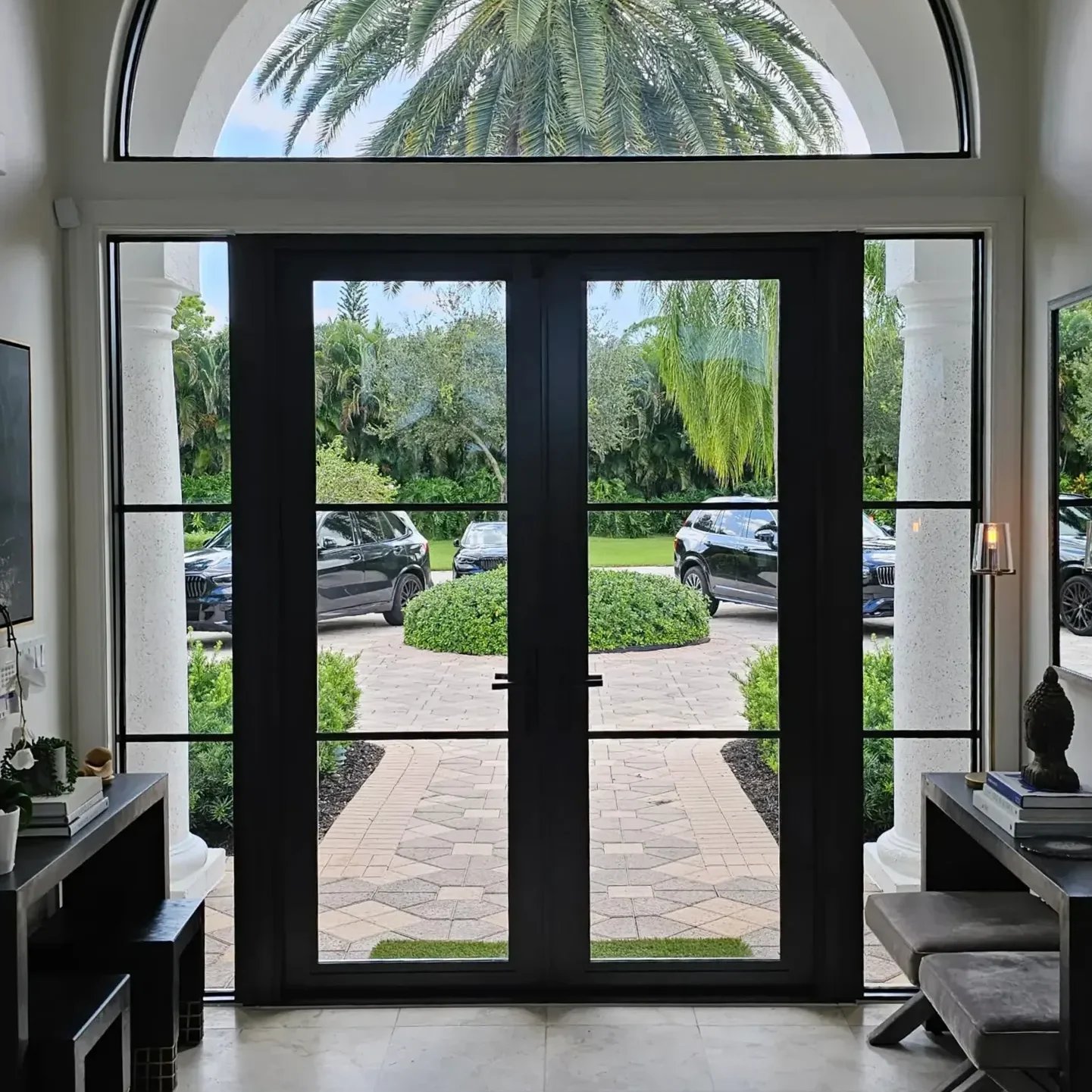 Entrance view showcasing modern architecture and landscape