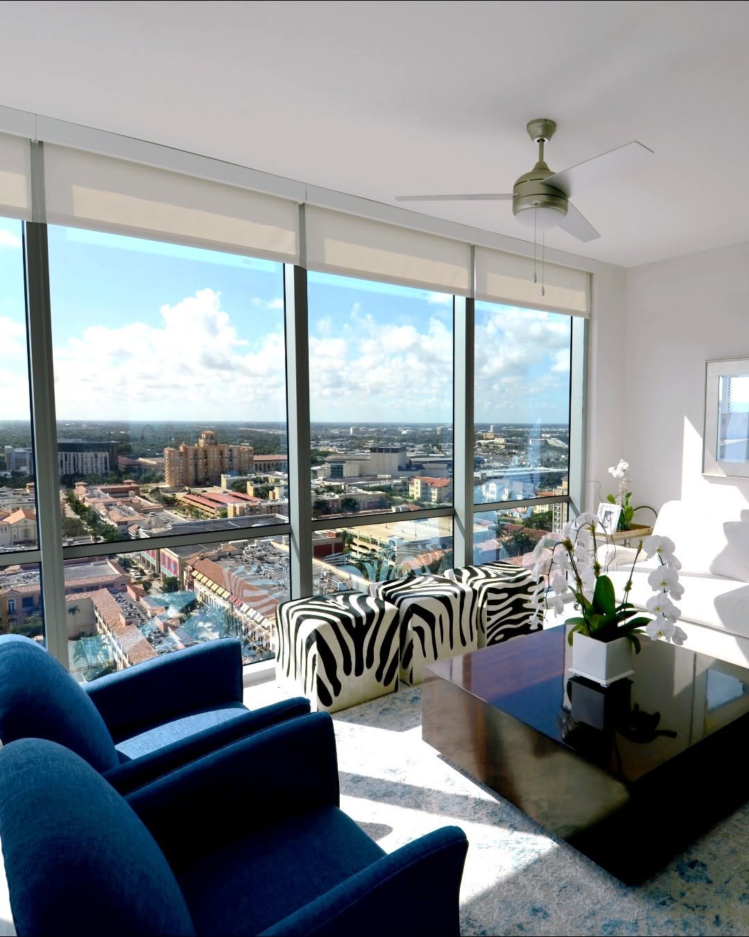 Modern living room with a view, stylish furniture