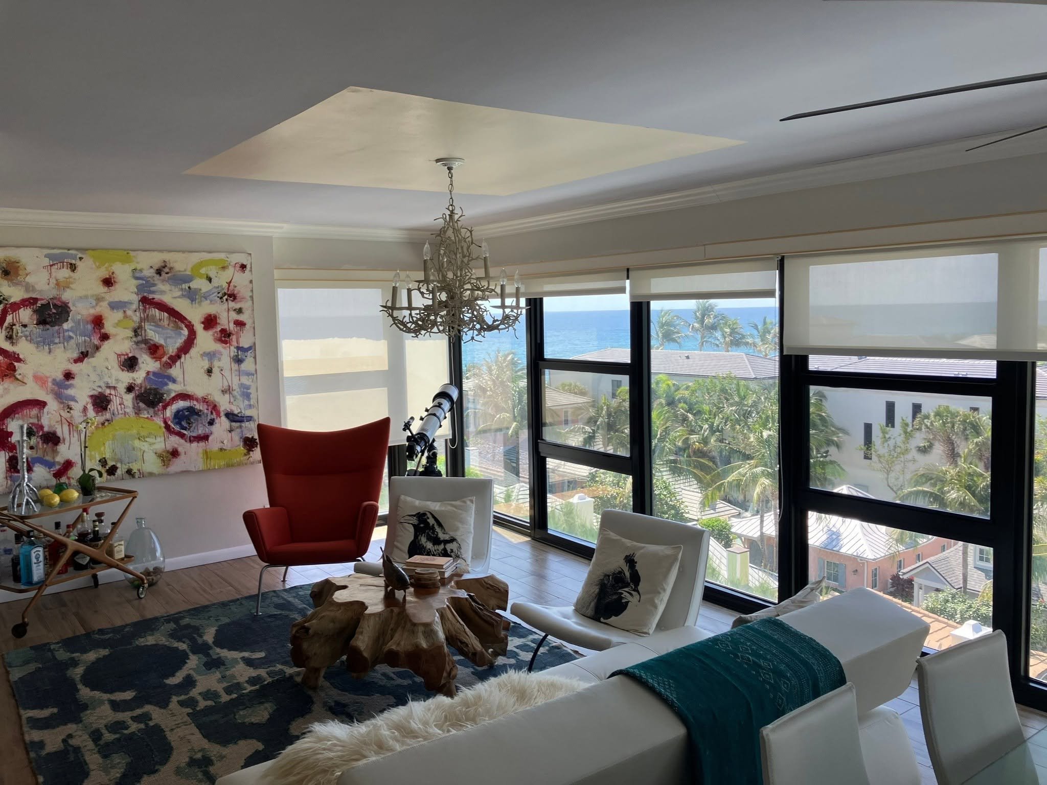 Modern living room with ocean view and stylish furniture