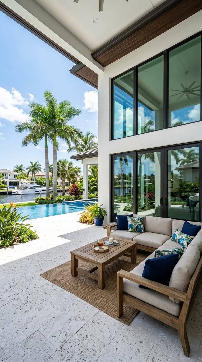 Modern outdoor living space with pool and palm trees