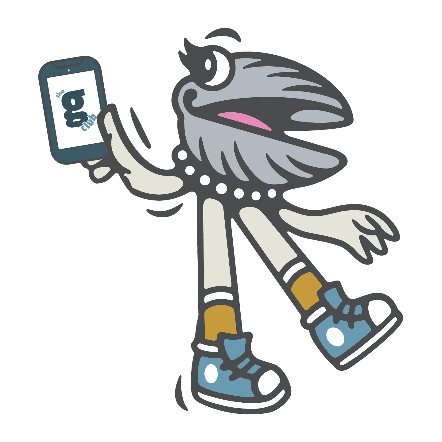 Animated character holding a smartphone, displaying a logo.