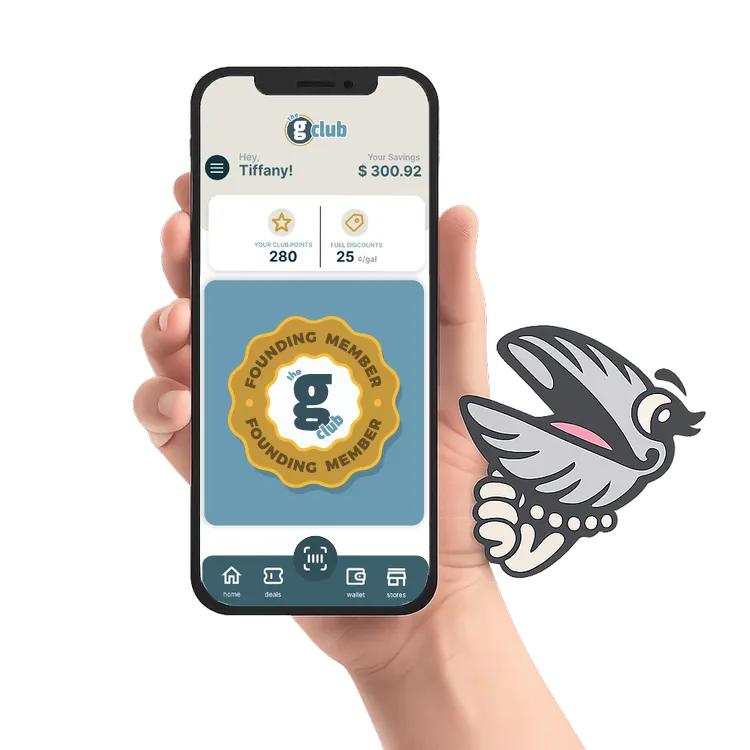 Hand holding smartphone displaying the g8club app, showing savings and member status.
