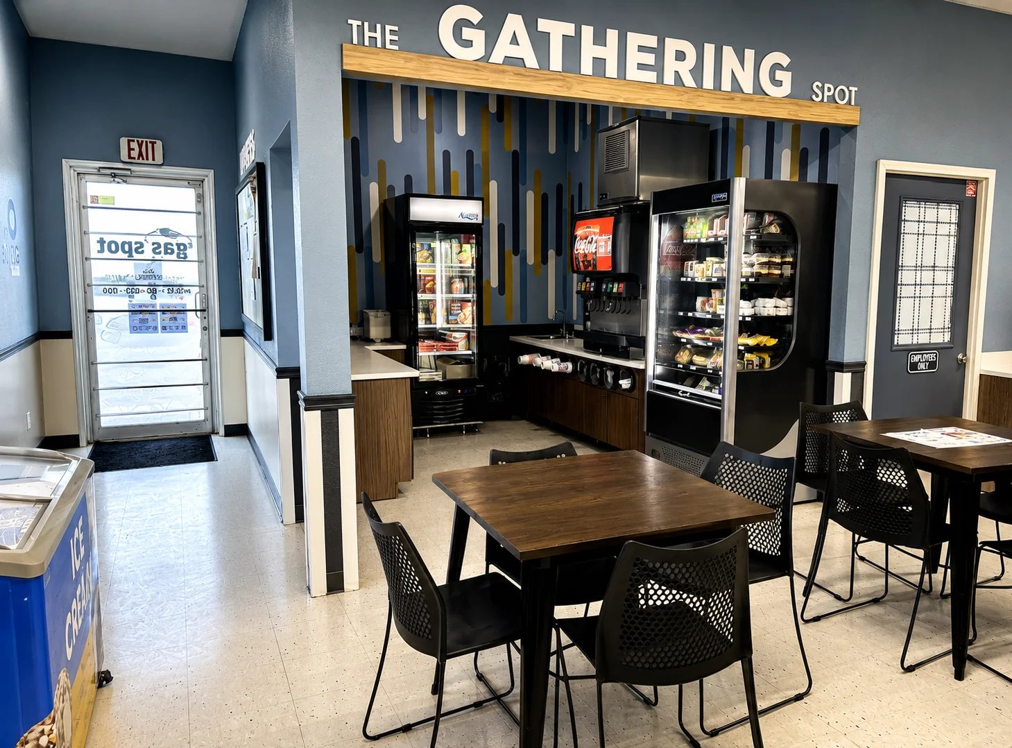 Interior view of The Gathering Spot with seating and vending machines