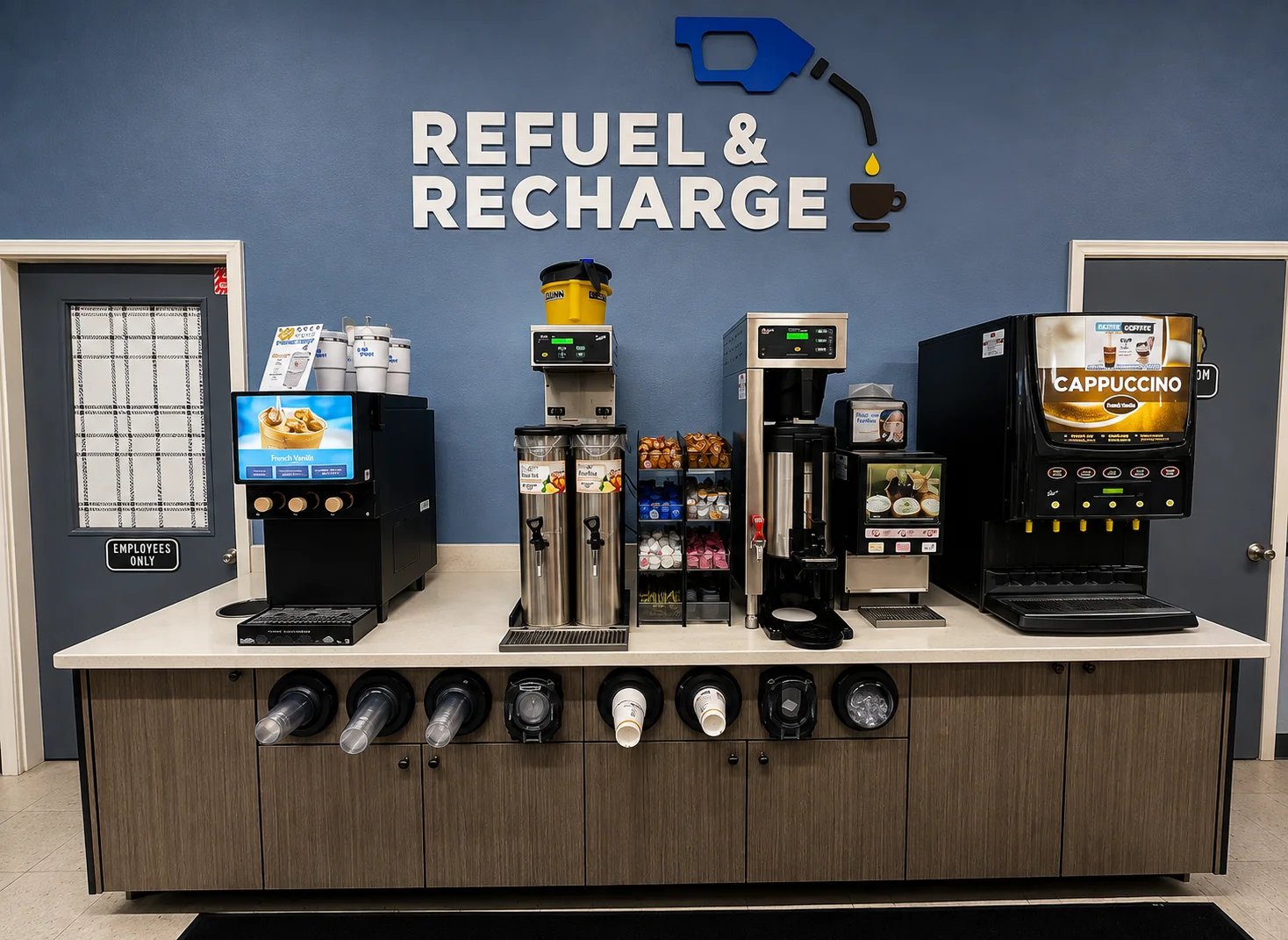 Self-service beverage station with coffee and snacks