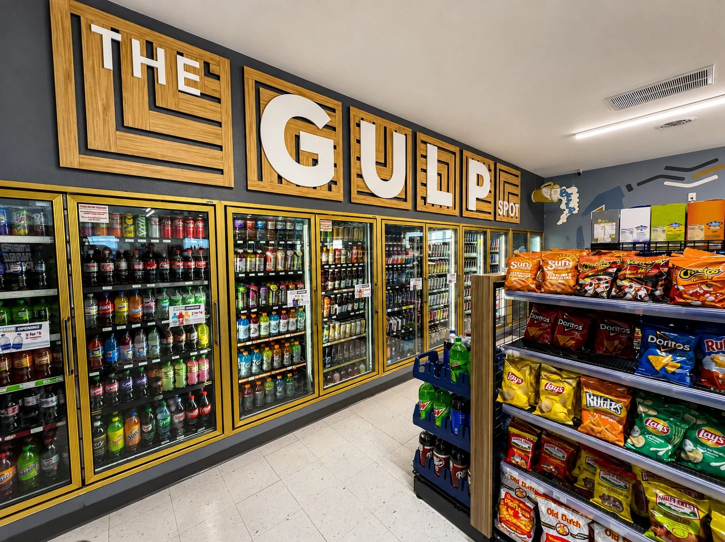 Interior of The Gulp Spot with beverages and snacks