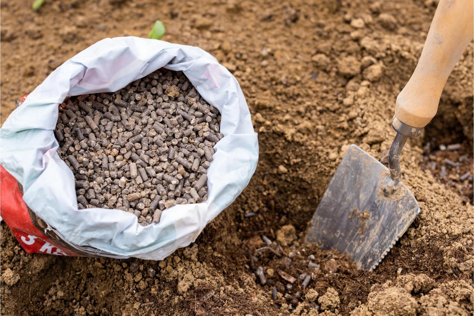 Bag of fertilizer beside a shovel in the soil