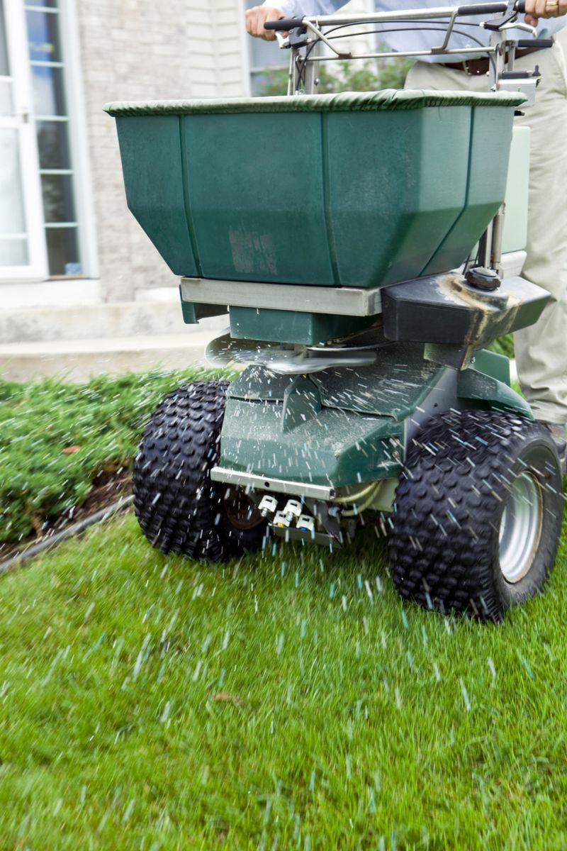 Worker using a spreader for lawn care