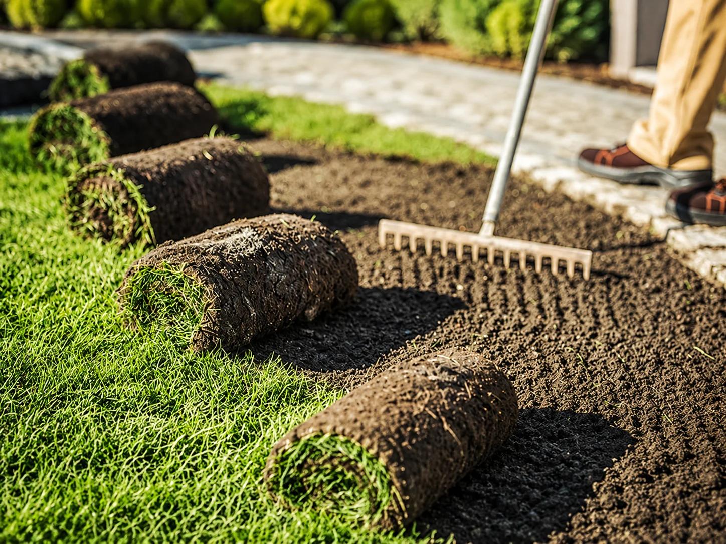 Landscaper laying sod rolls on green lawn