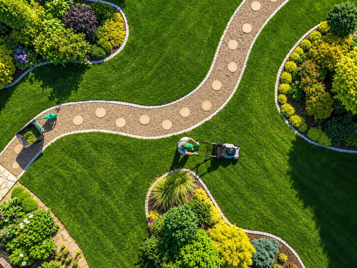 Aerial view of a beautifully landscaped garden with a person mowing the lawn.