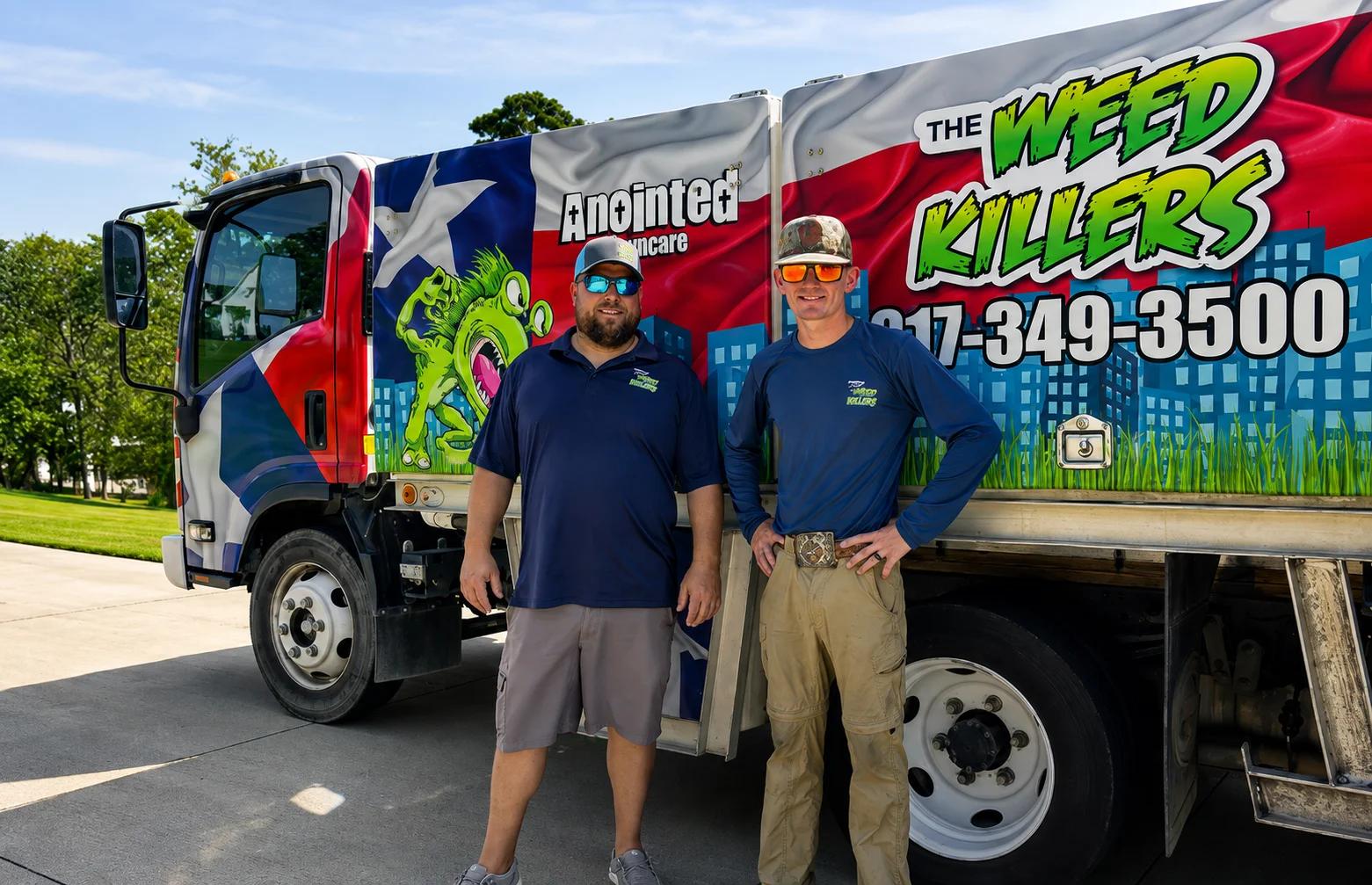 Two professionals standing by a branded lawn care truck