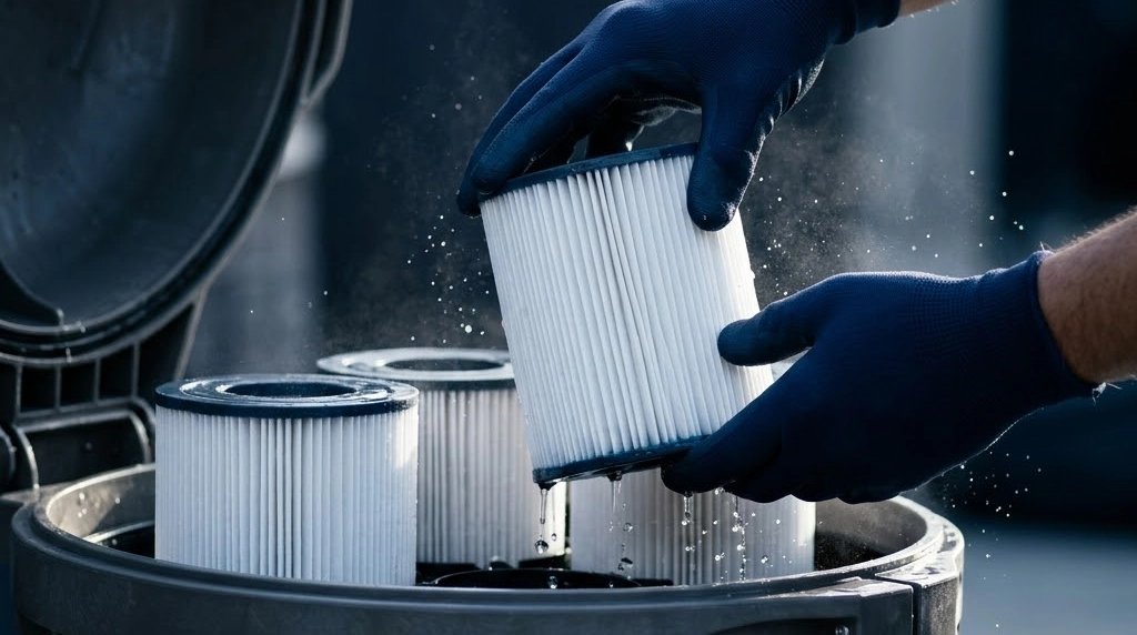 Person removing filters from a bin