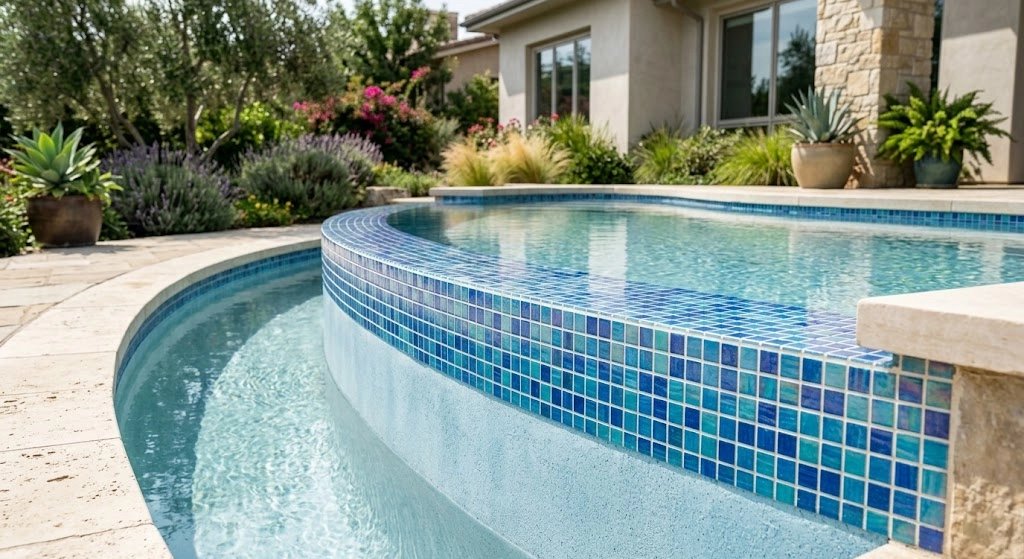Beautifully designed swimming pool with mosaic tiles.
