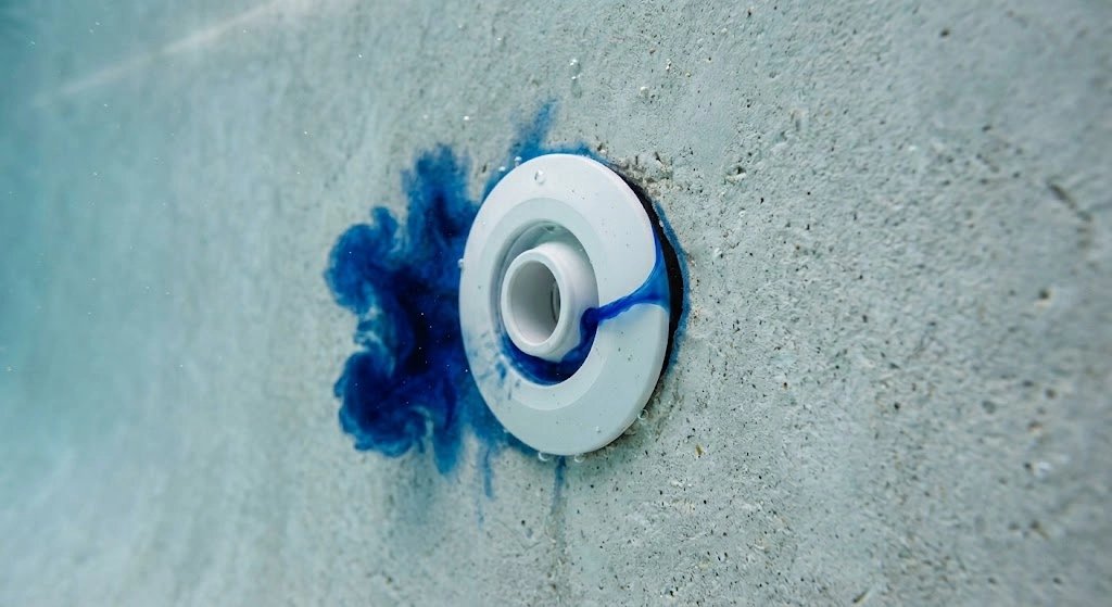 Blue ink dispersing in water near a drain.