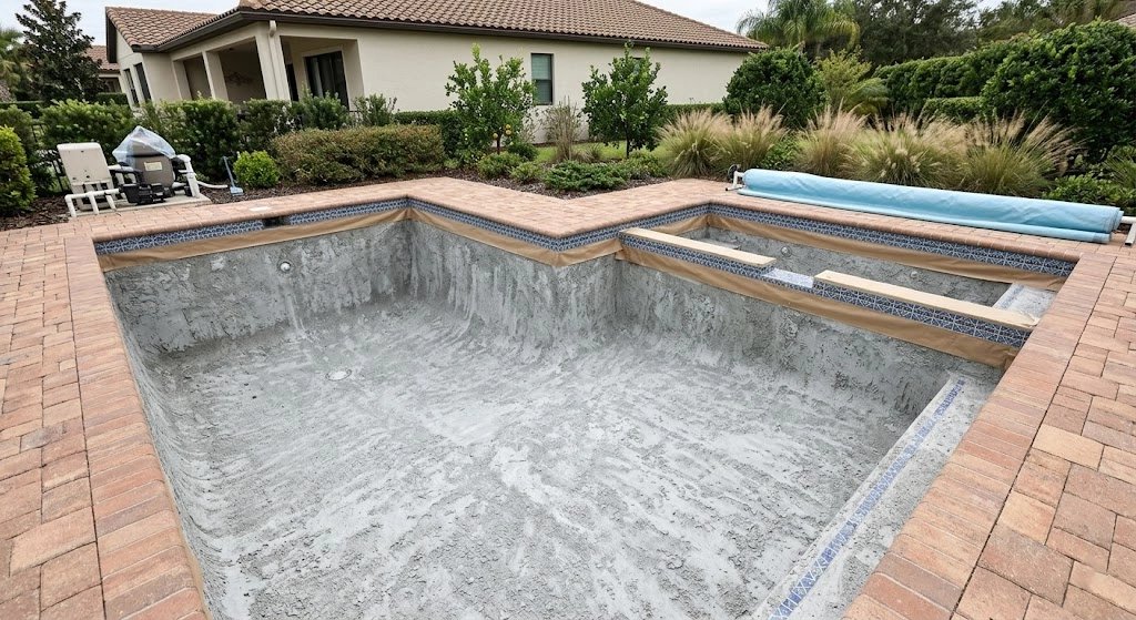 In-ground pool under construction with concrete base.