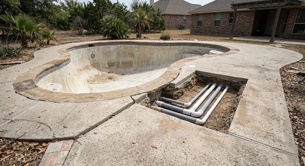 Empty swimming pool with exposed plumbing and surrounding landscape.