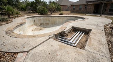 Empty swimming pool with exposed plumbing and surrounding landscape.
