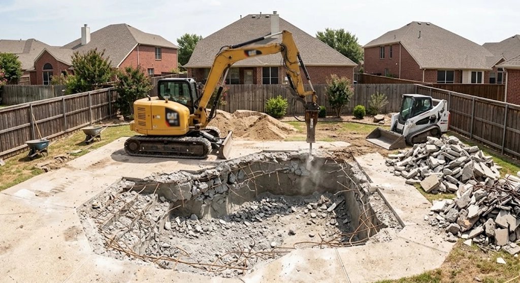 Excavator digging a pool in a backyard.