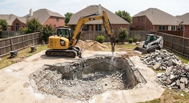 Excavator digging a pool in a backyard.
