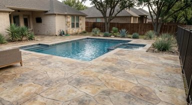 Beautiful backyard pool with stone patio and landscaping