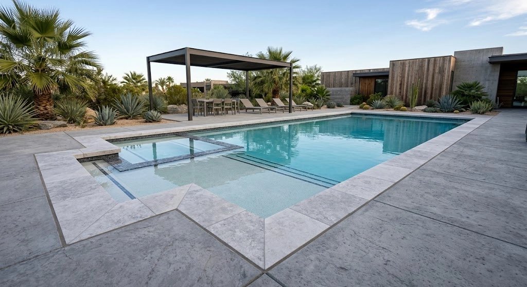 Modern pool area with seating and palm trees