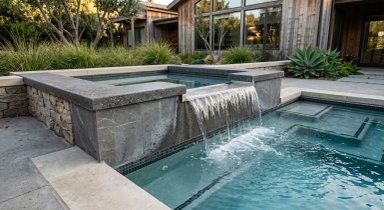 Modern pool with a waterfall feature and landscaping