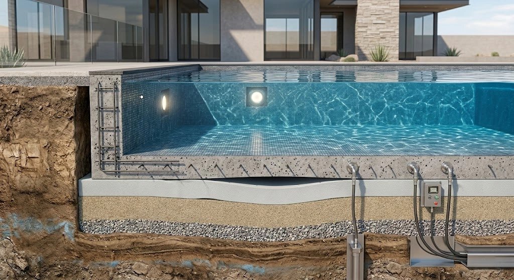 Modern swimming pool design with clear water and LED lights.