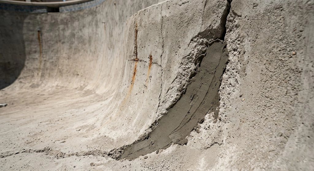 Close-up of concrete with fresh cement mix in a curved structure