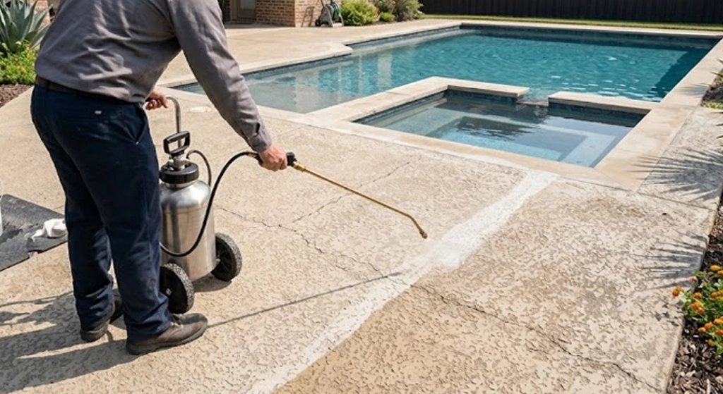 Person using a sprayer to apply chemical treatment on a pool deck.