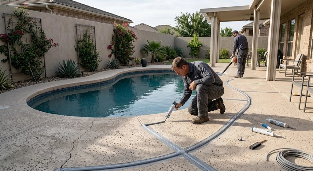 Two men repairing a swimming pool in a backyard setting
