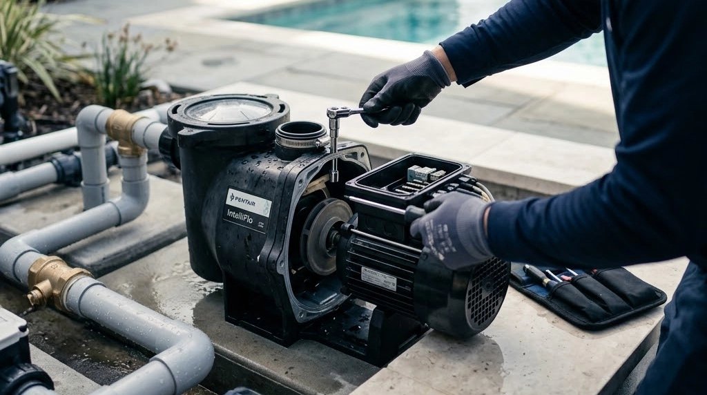 Technician repairing a pool pump at a home.