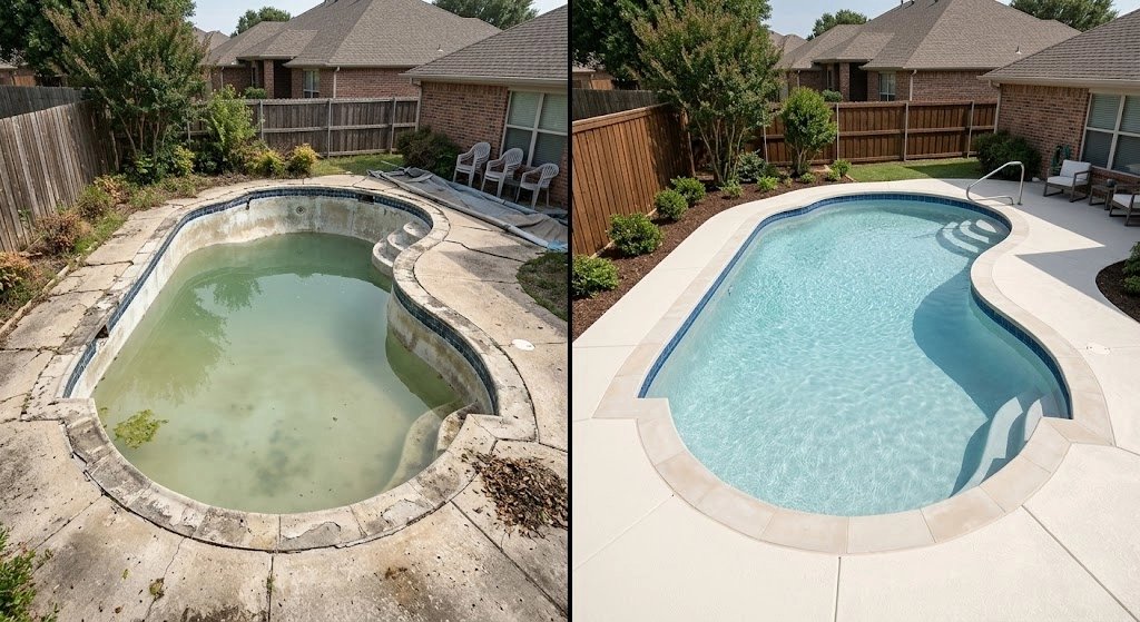Before and after pool renovation showing clear water