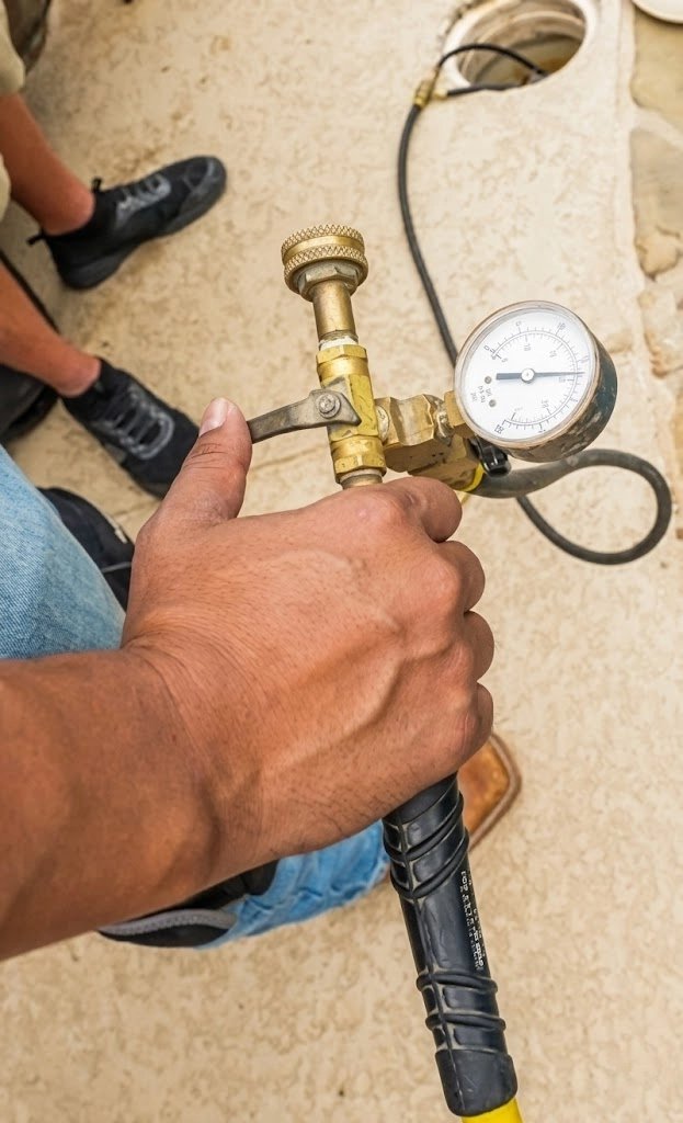 Person operating a pressure gauge outdoors.