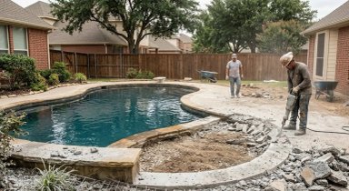 Men working on a backyard pool renovation.