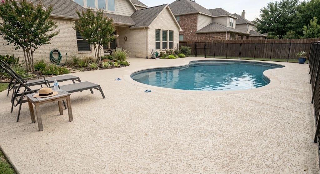 Relaxing backyard pool area with lounge chairs and greenery