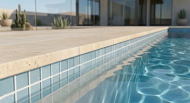 Close-up view of a swimming pool edge with reflections.