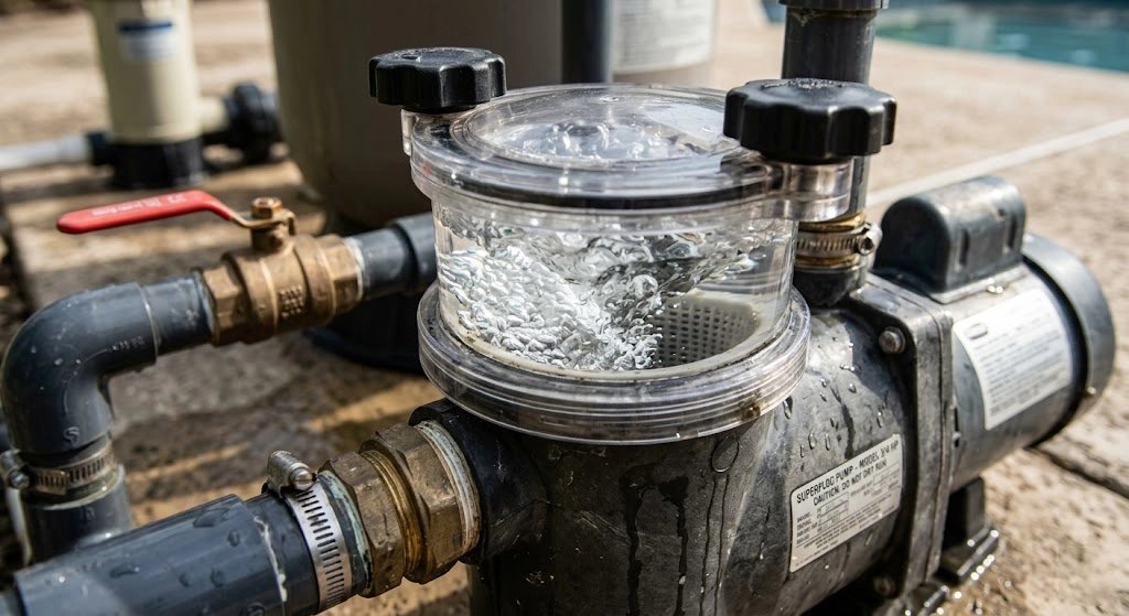 Close-up of a pool pump with water flowing through it.