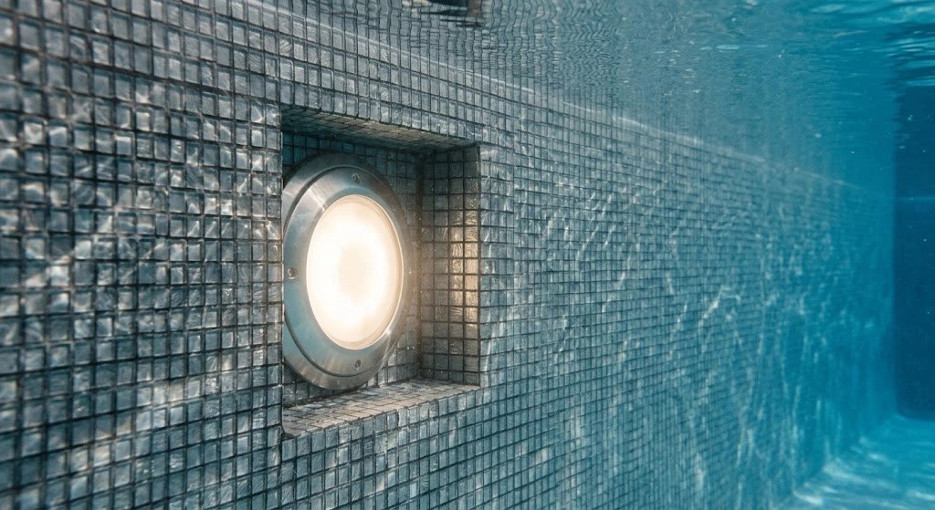 Underwater view of a pool light in a tiled wall