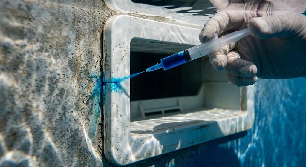 Underwater syringe applying sealant in a pool