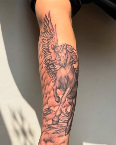 Winged horse tattoo on arm