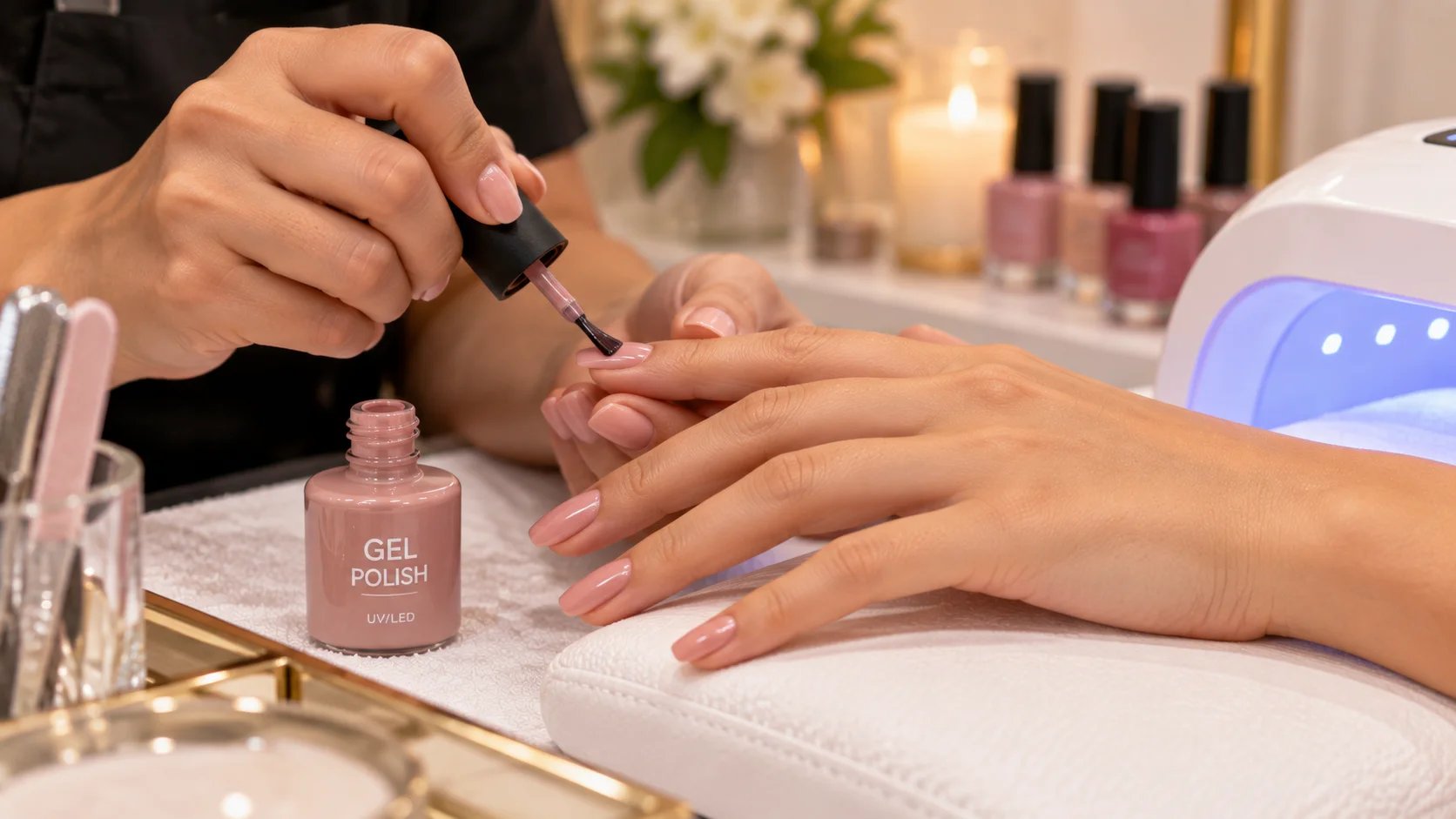 A person applying gel polish to nails in a salon setting.