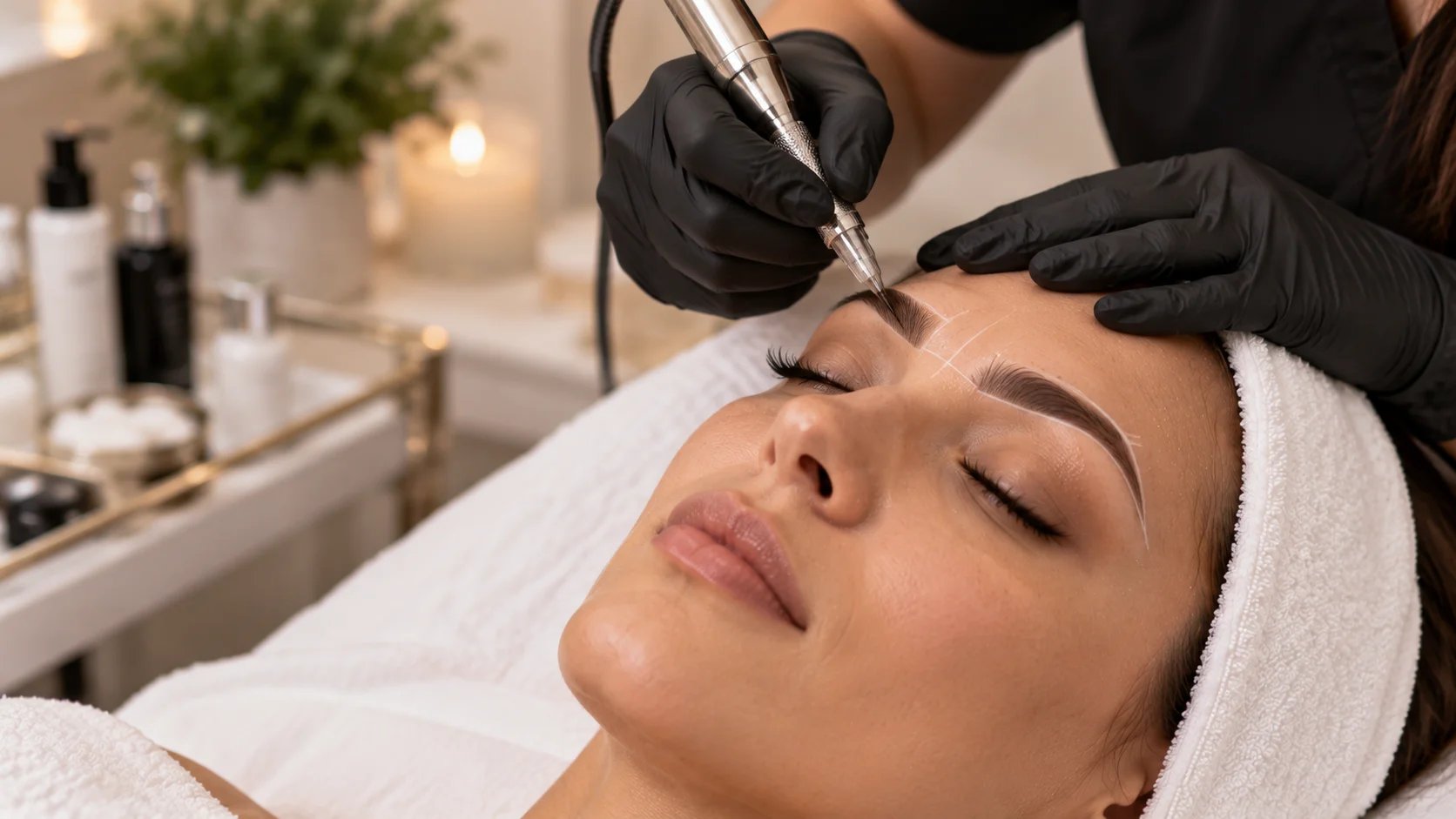 Woman undergoing microblading treatment in a beauty salon