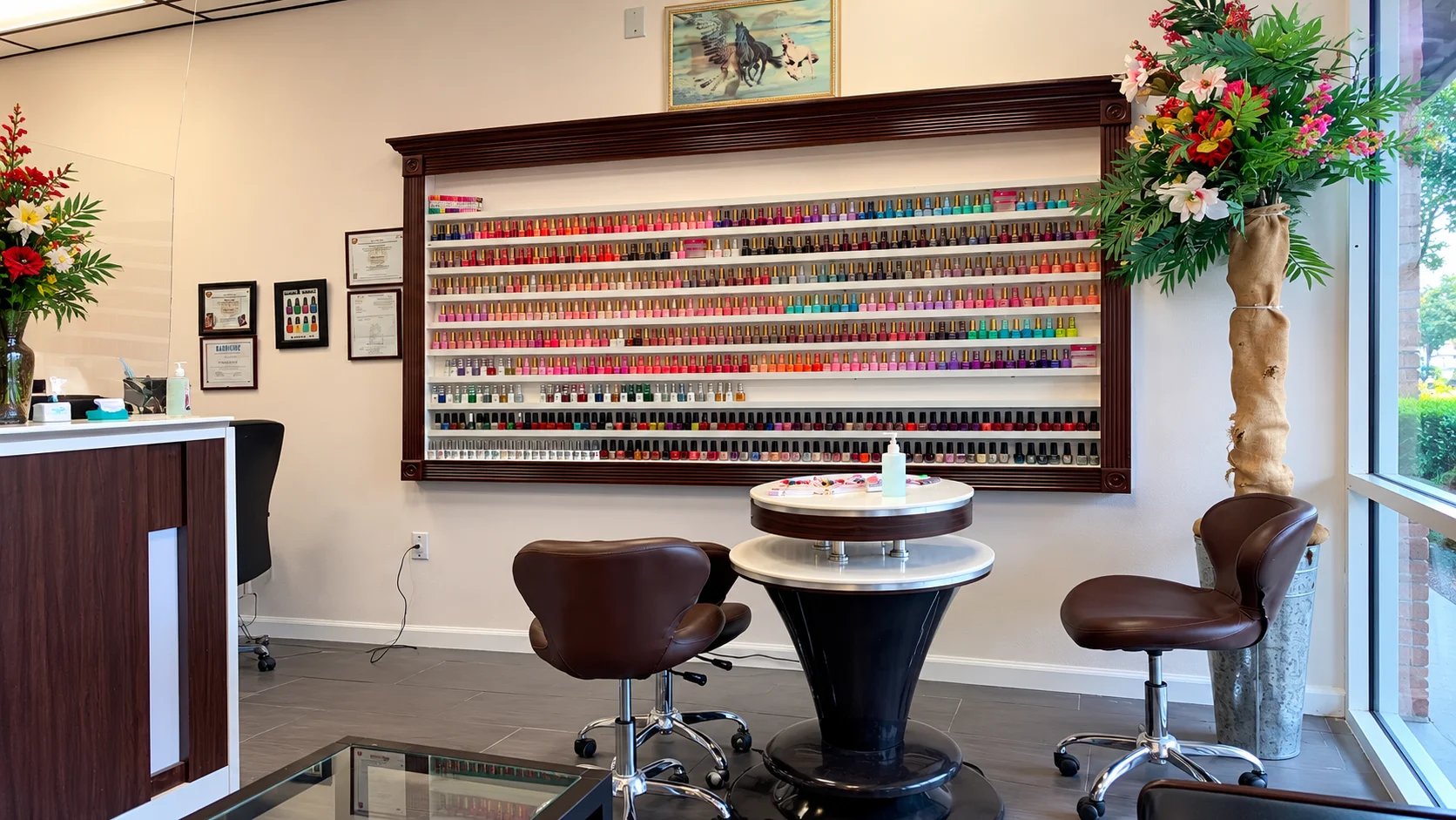 Nail salon interior with colorful nail polish display