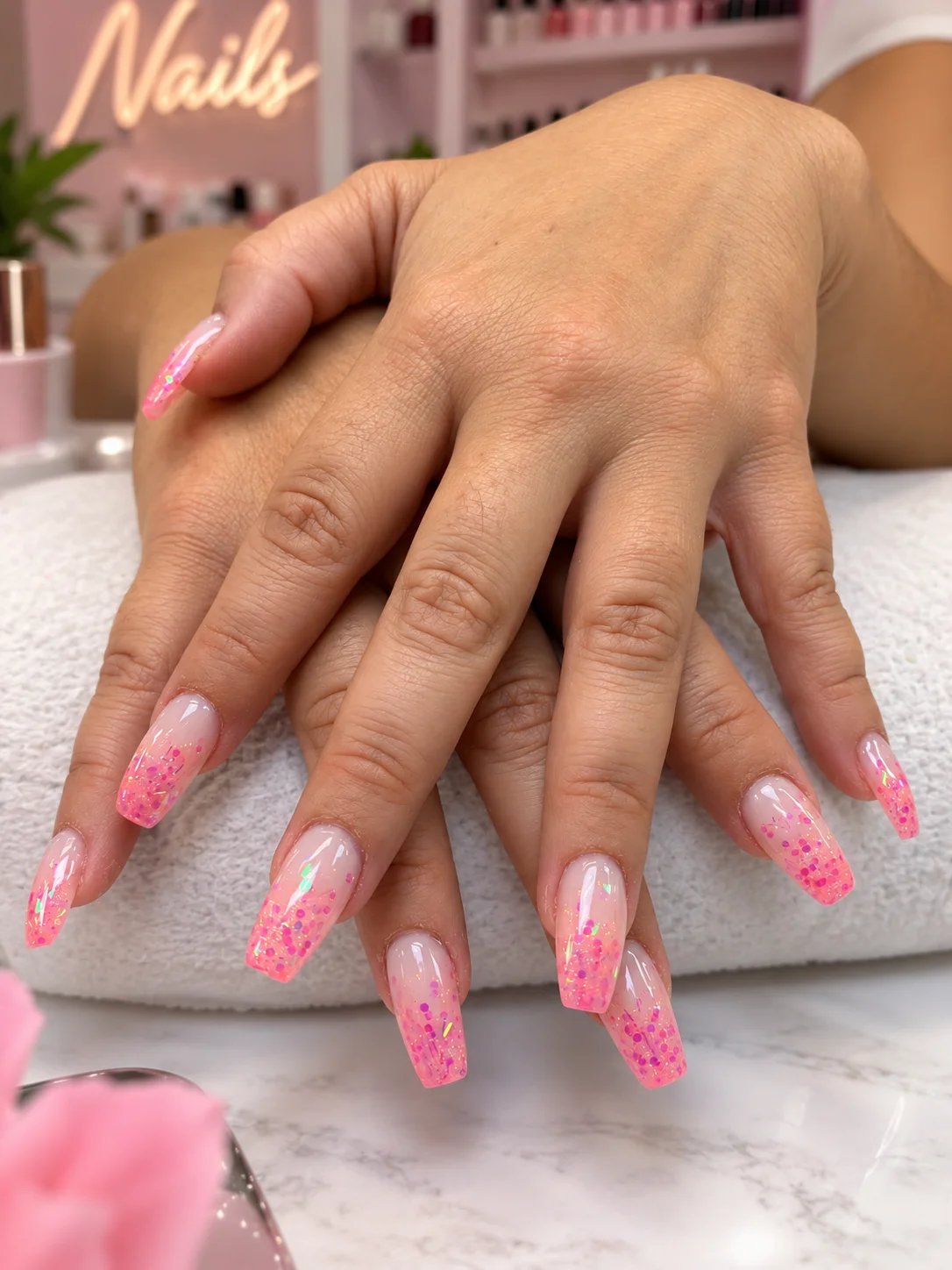 Close-up of hands with pink ombre nail design