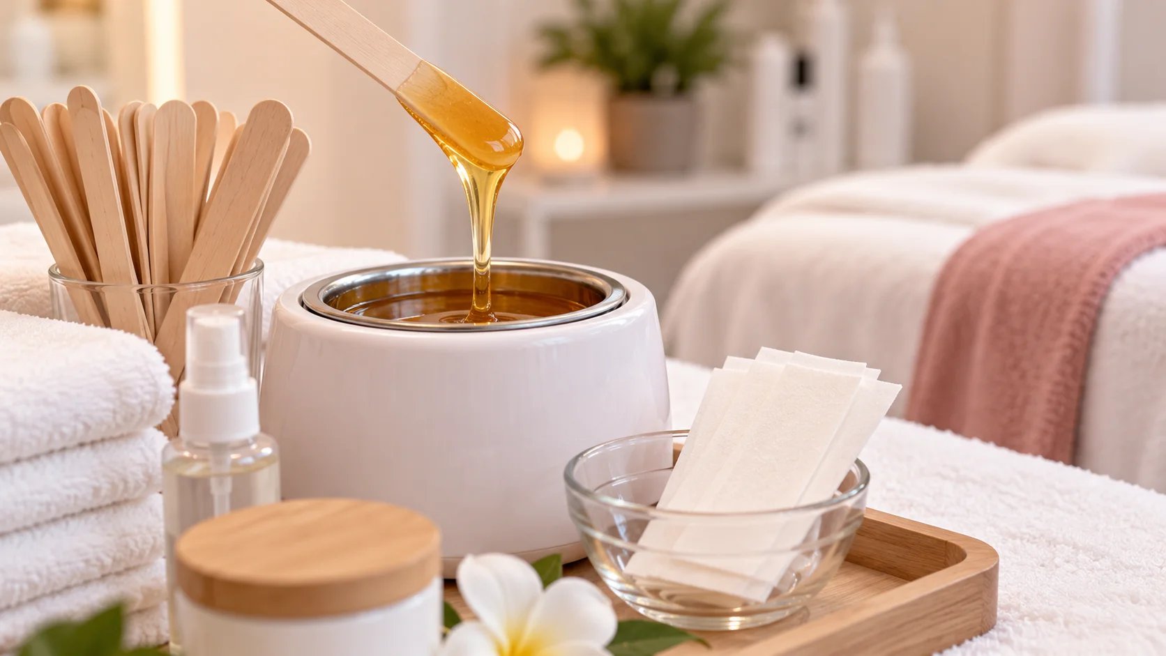 Waxing supplies including wax, spatula, and strips