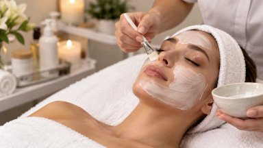 Woman receiving a facial treatment in a spa setting